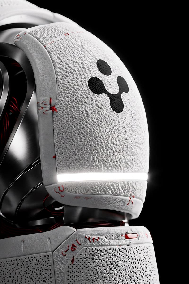 Robot umanoide A1: dettaglio del fianco, tra maglia tecnica traforata e barra luminosa bianca.