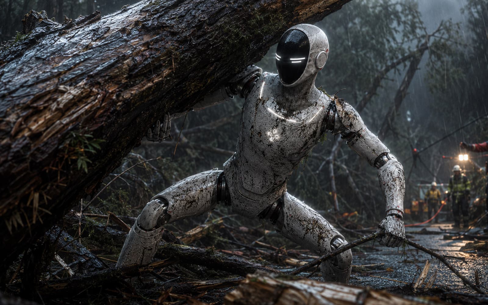 Robot umanoide A1 al lavoro: libera un tronco caduto in un bosco allagato di notte, con i soccorritori sullo sfondo.
