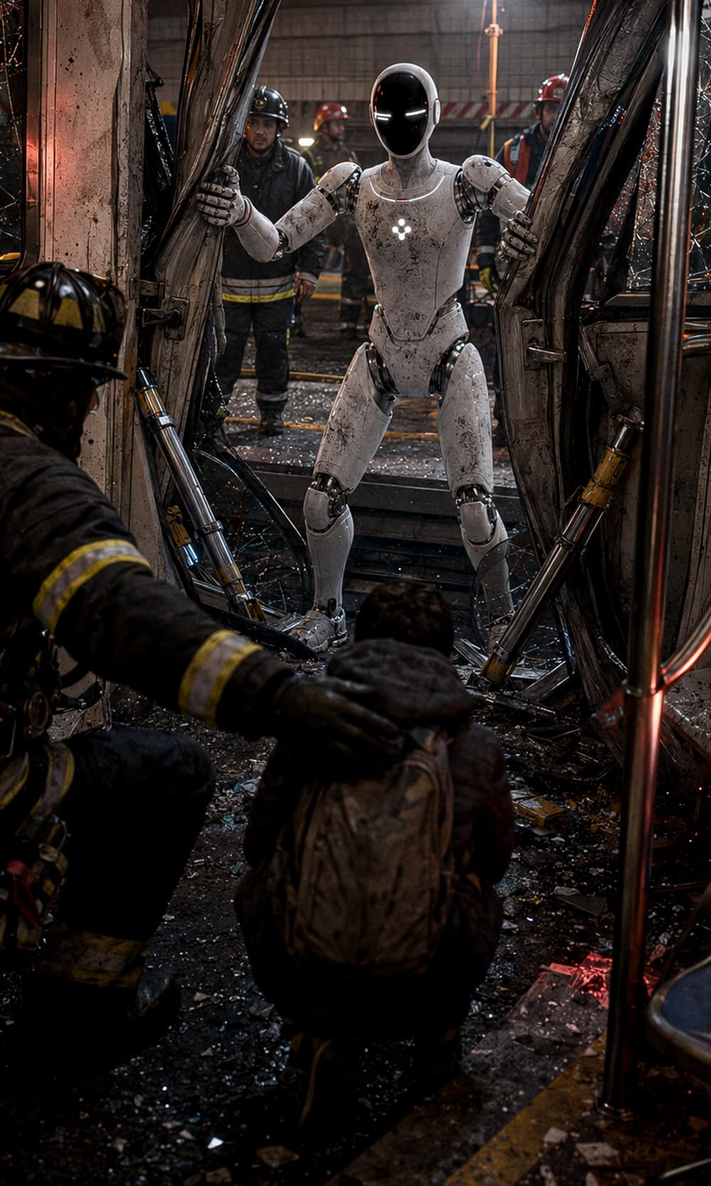 Robot umanoide A1 al lavoro: affianca un vigile del fuoco tra le macerie di un edificio.