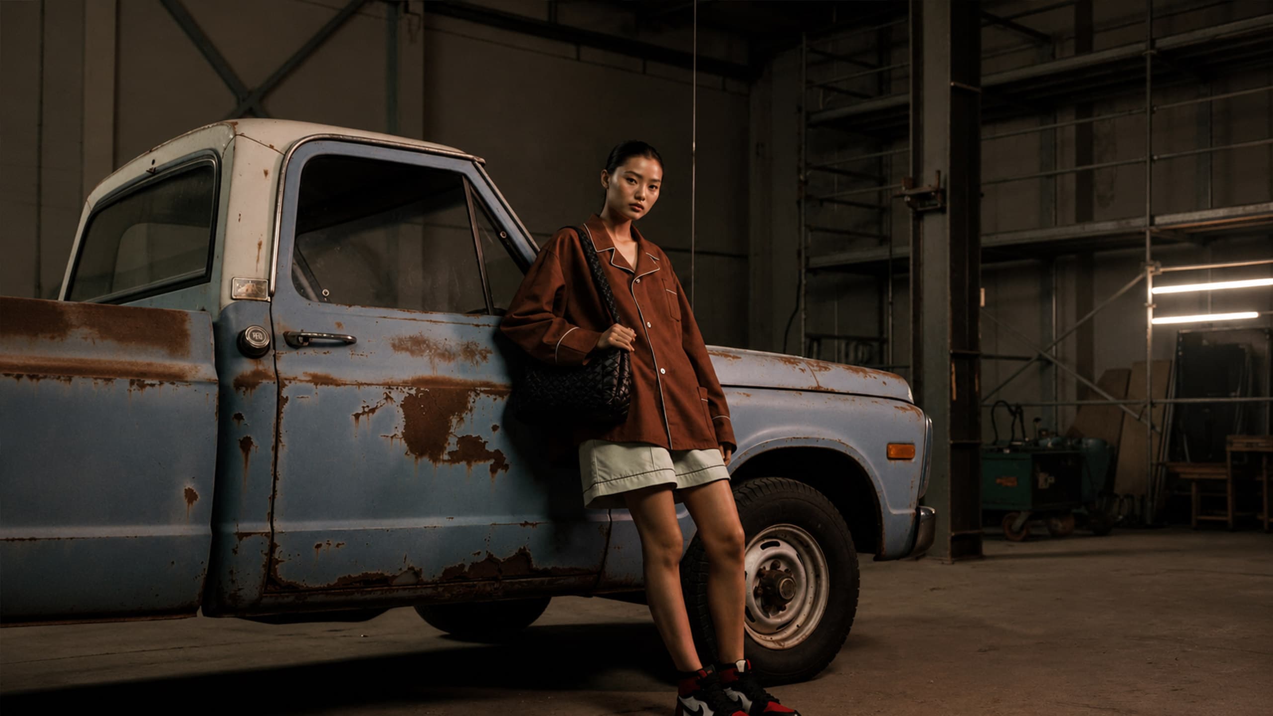 Editoriale moda generato con AI: modella in camicia bordeaux e borsa trapuntata appoggiata a un pick-up d'epoca dentro un capannone industriale.