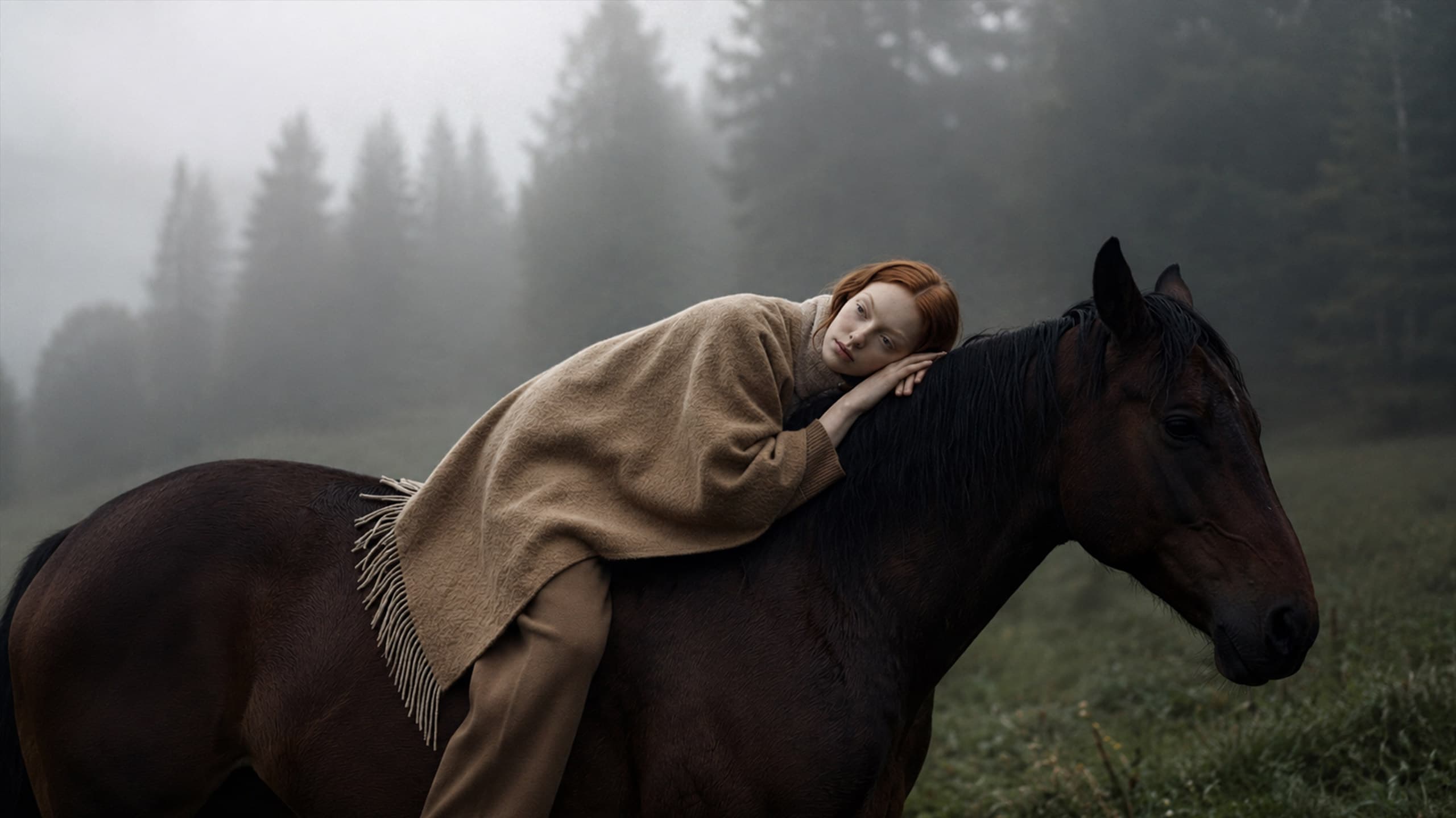 Editoriale moda generato con AI: modella con poncho di lana distesa sul collo di un cavallo baio in un prato di montagna nella nebbia.