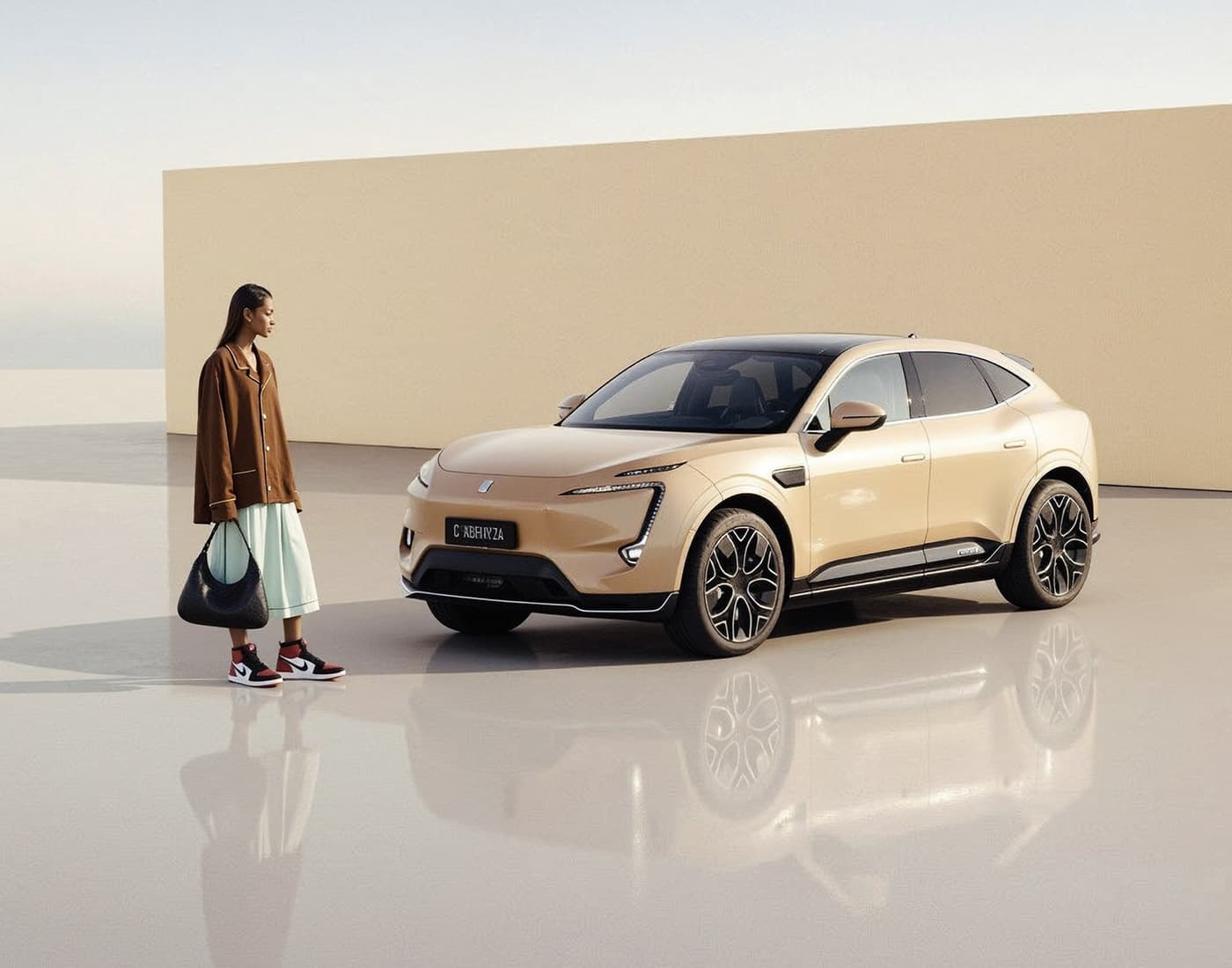 Visual automotive generato con AI: SUV beige in uno showroom minimale, con modella accanto alla vettura.